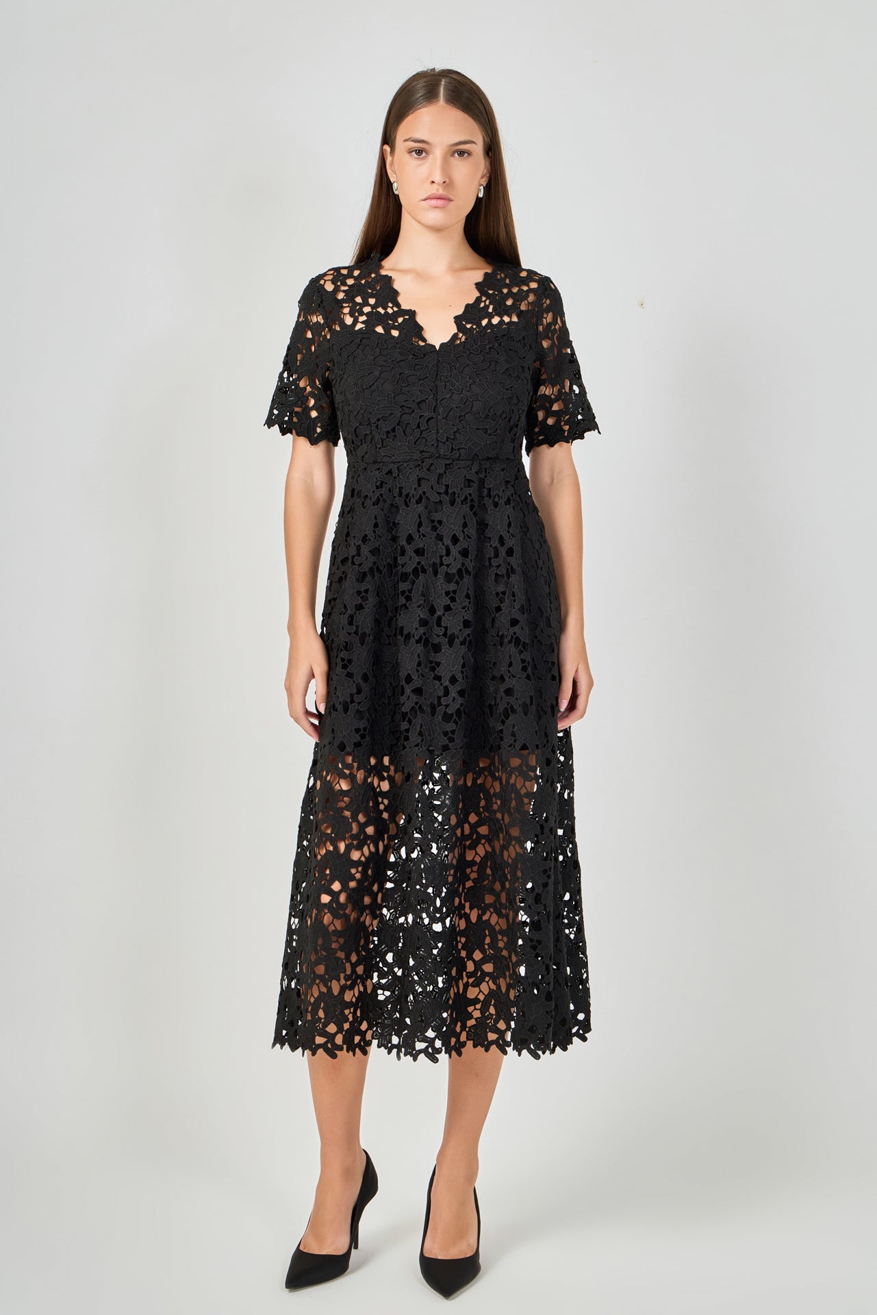 All Over Lace Short Sleeves Midi Dress