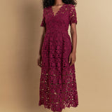 All Over Lace Short Sleeves Midi Dress