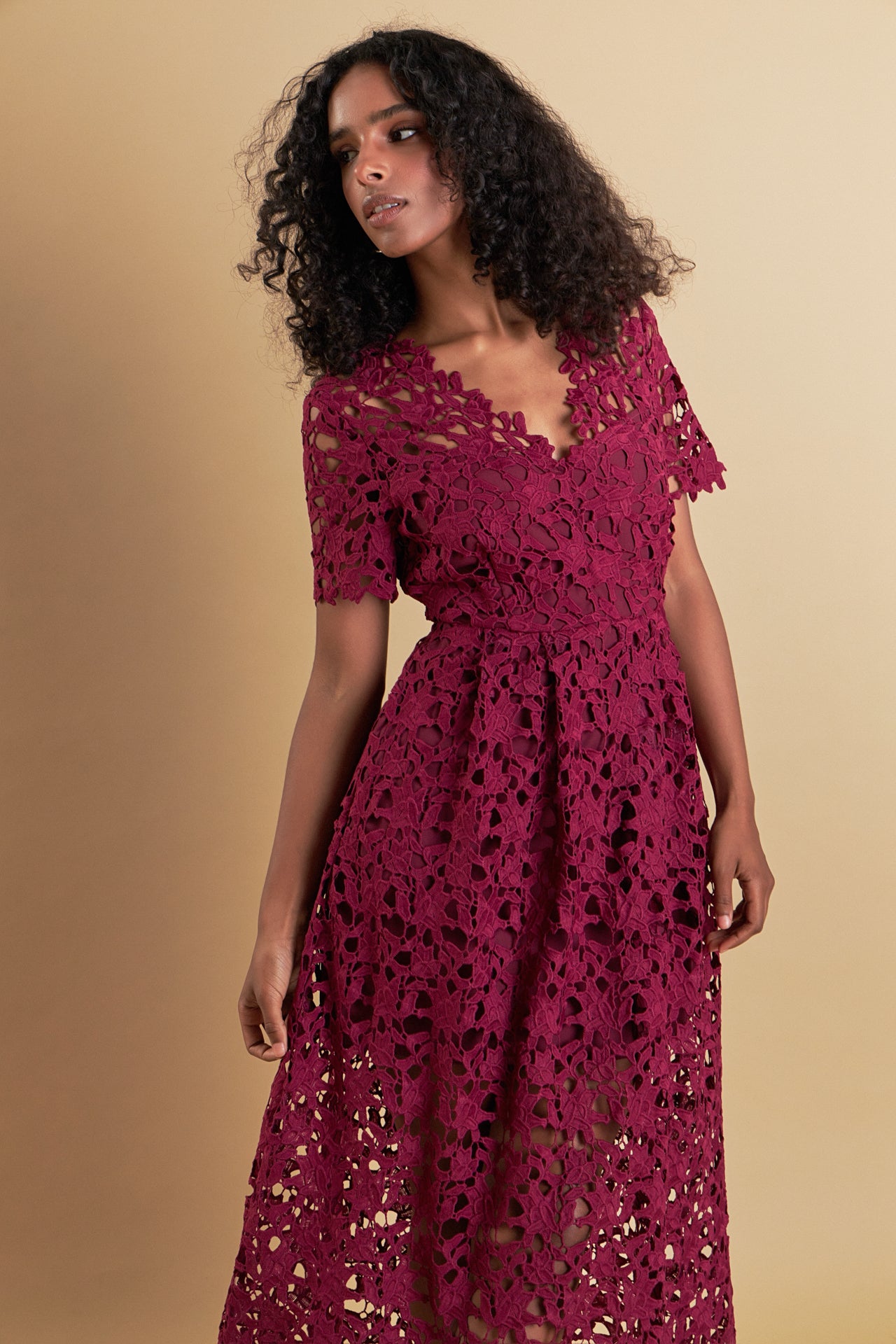 All Over Lace Short Sleeves Midi Dress