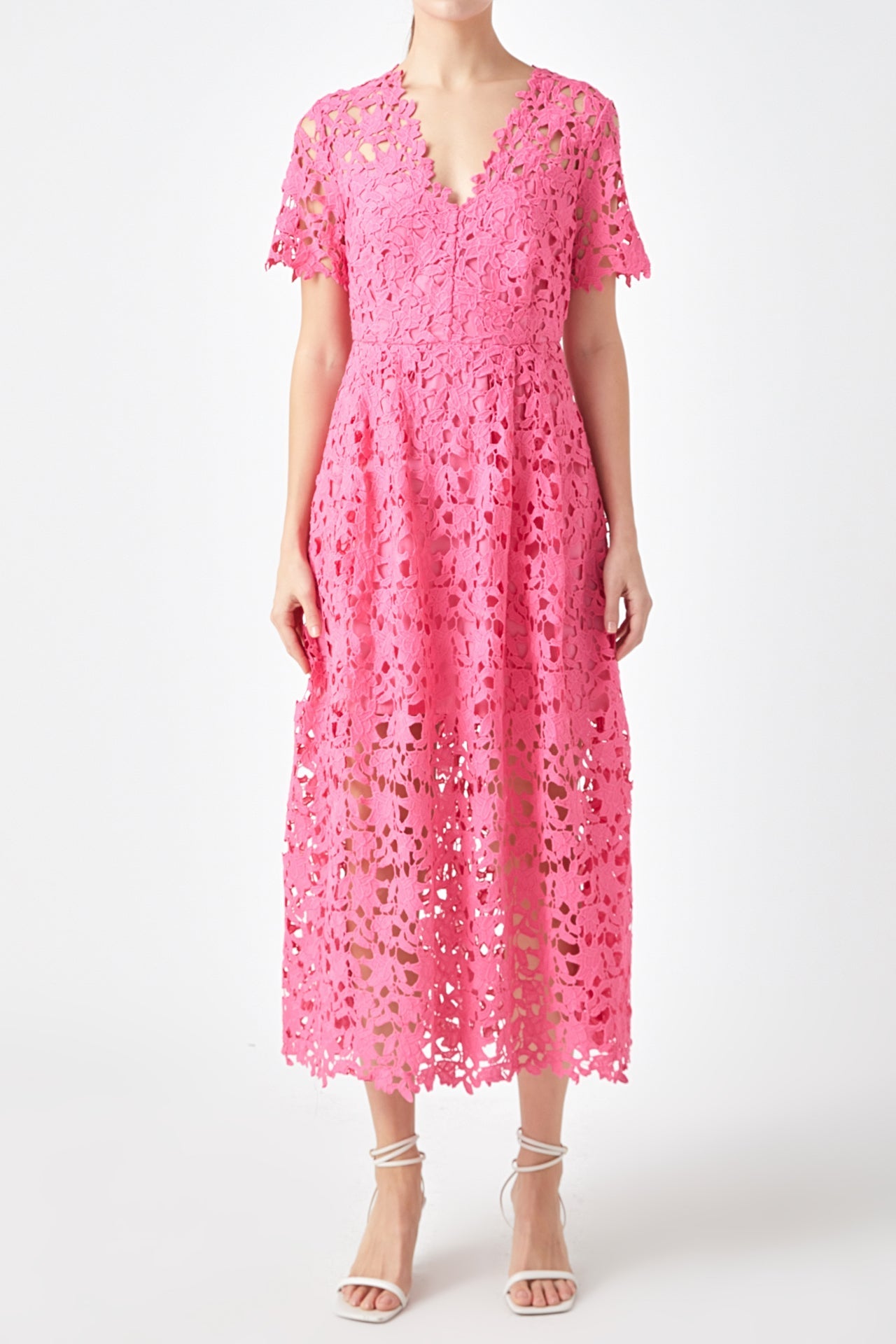 Endless Rose - All Over Lace Short Sleeves Midi Dress White / S Endless Rose - All Over Lace Short Sleeves Midi Dress White / S