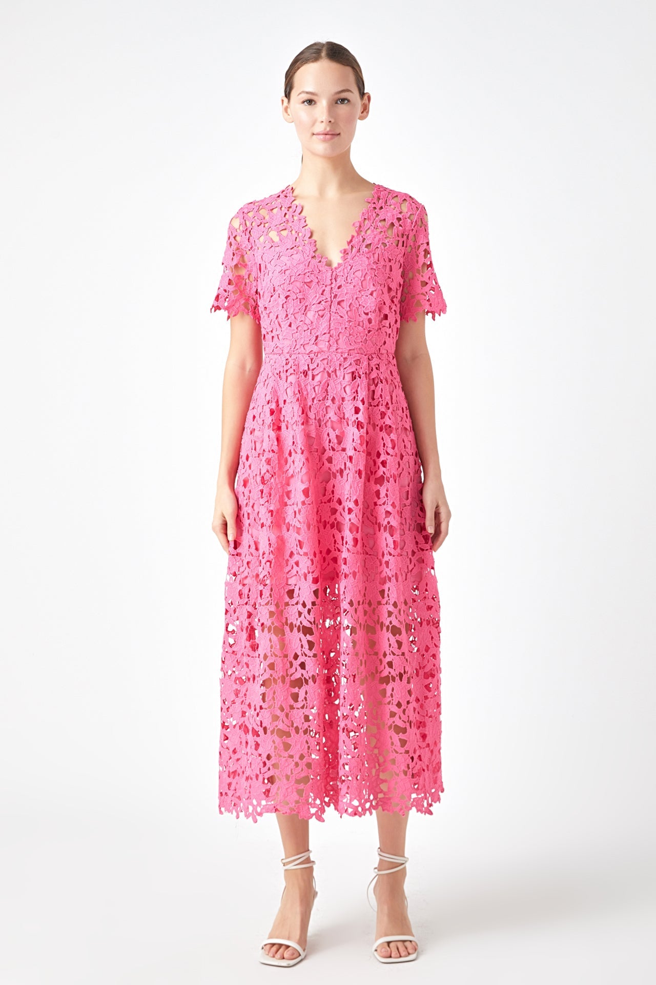 Endless Rose - All Over Lace Short Sleeves Midi Dress White / XS Endless Rose - All Over Lace Short Sleeves Midi Dress White / XS