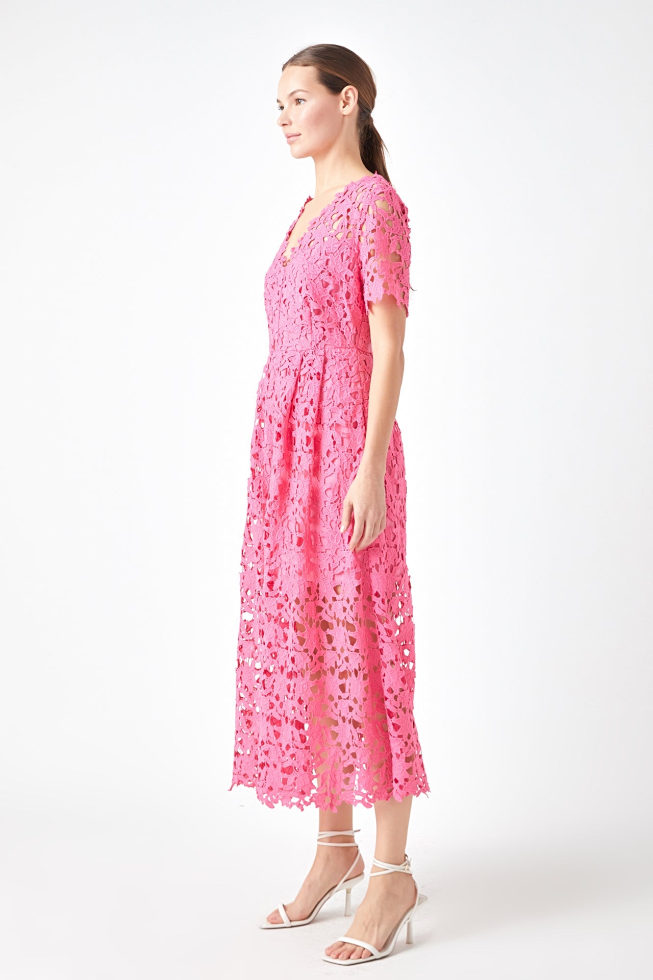 Endless Rose - All Over Lace Short Sleeves Midi Dress White / XS Endless Rose - All Over Lace Short Sleeves Midi Dress White / XS