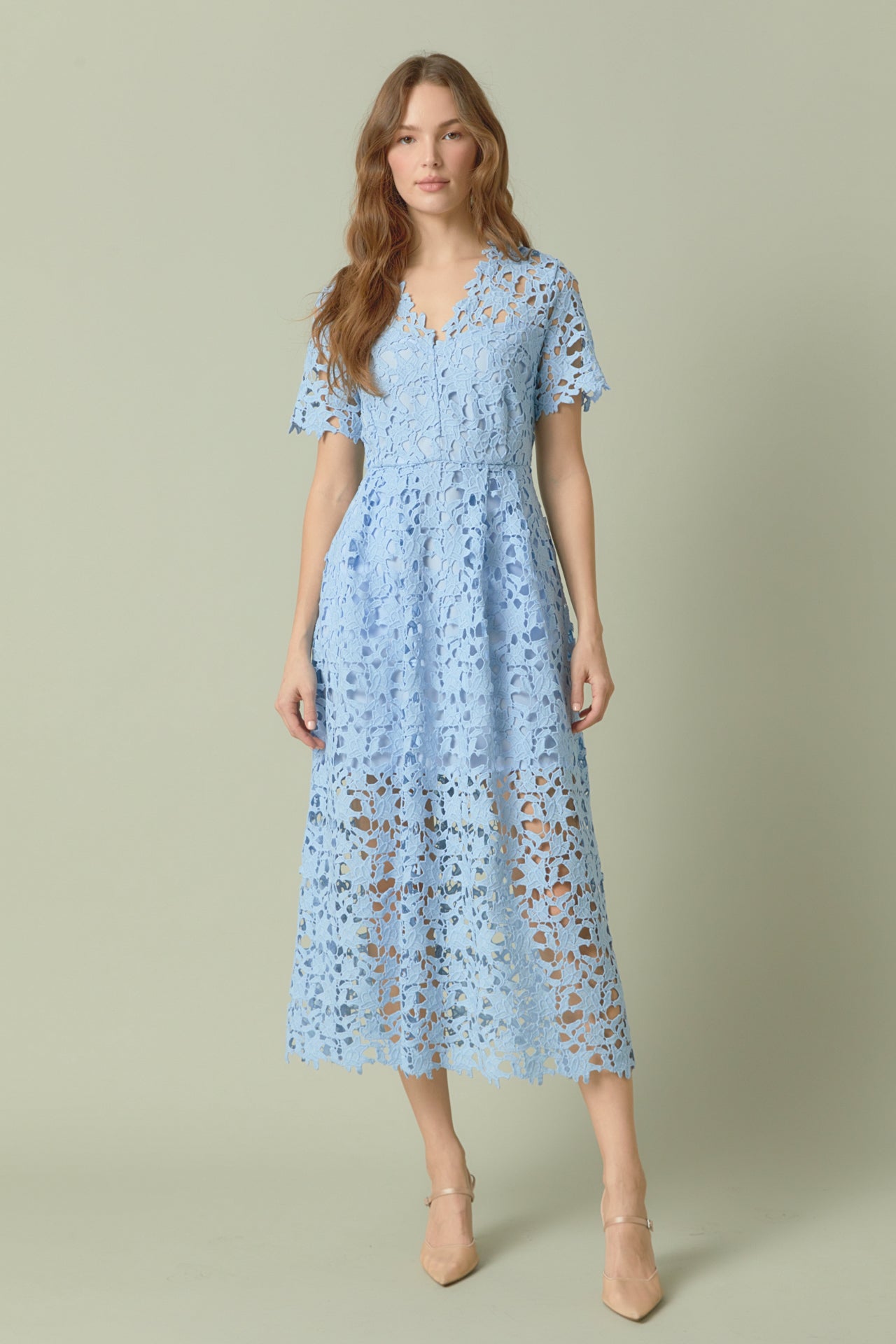 Allover Floral Print Contrast Lace Trim Dress