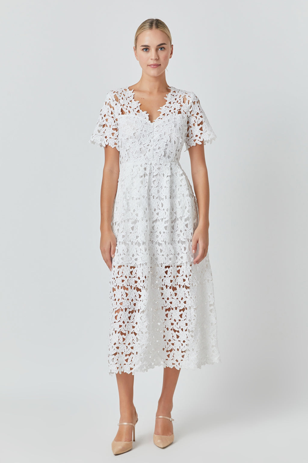 All Over Lace Short Sleeves Midi Dress