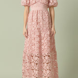 Puff Sleeve Lace Tiered Maxi Dress