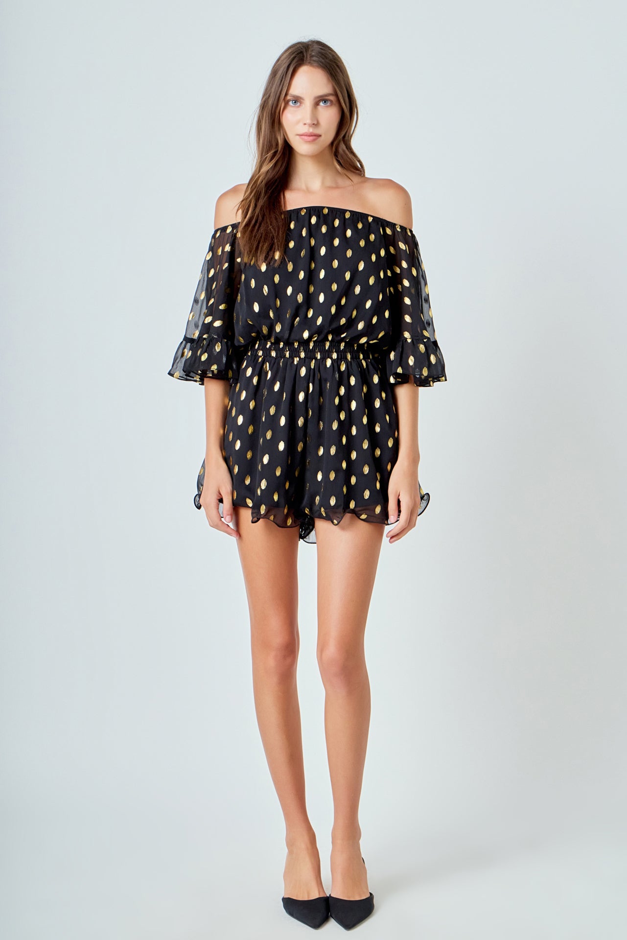 Foil Print Off-Shoulder Romper