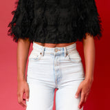 Gridded Mesh Feathered Cropped Top