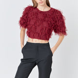 Gridded Mesh Feathered Cropped Top