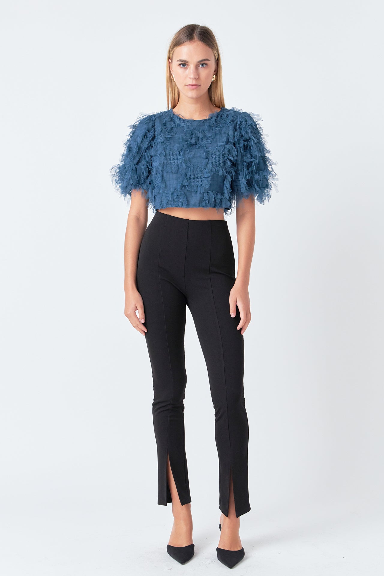 Gridded Mesh Feathered Cropped Top