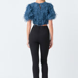 Gridded Mesh Feathered Cropped Top