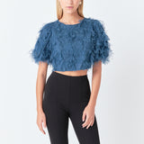 Gridded Mesh Feathered Cropped Top