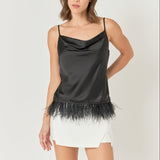 Satin Cowl Neck Top with Feather