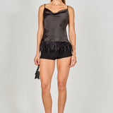 Satin Cowl Neck Top with Feather