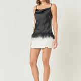 Satin Cowl Neck Top with Feather