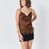 Satin Cowl Neck Top with Feather