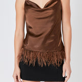 Satin Cowl Neck Top with Feather