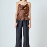Satin Cowl Neck Top with Feather