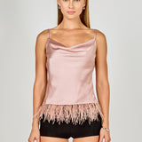 Satin Cowl Neck Top with Feather