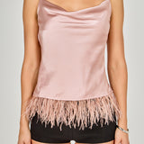 Satin Cowl Neck Top with Feather