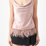 Satin Cowl Neck Top with Feather