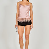 Satin Cowl Neck Top with Feather