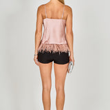 Satin Cowl Neck Top with Feather