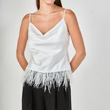 Satin Cowl Neck Top with Feather