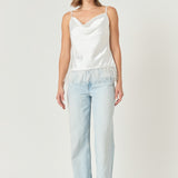 Satin Cowl Neck Top with Feather