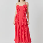 Endless Rose Chiffon Ruffled Spaghetti Maxi Dress - Red