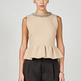 Jewel Trim Neck Peplum Knit Top