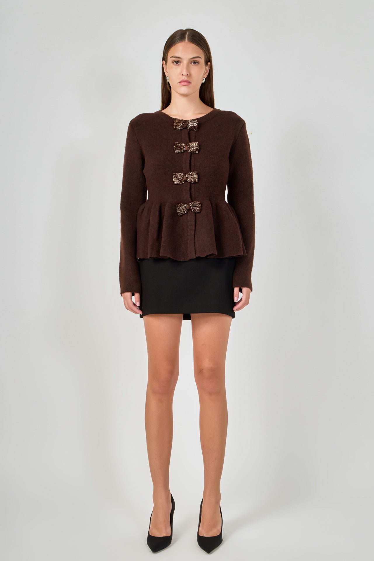 Bow Trim Flared Cardigan