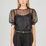 Embroidered Puff Sleeve Satin Bow Top