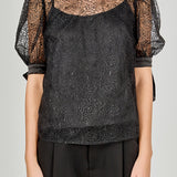 Embroidered Puff Sleeve Satin Bow Top