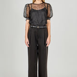 Embroidered Puff Sleeve Satin Bow Top