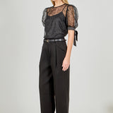 Embroidered Puff Sleeve Satin Bow Top