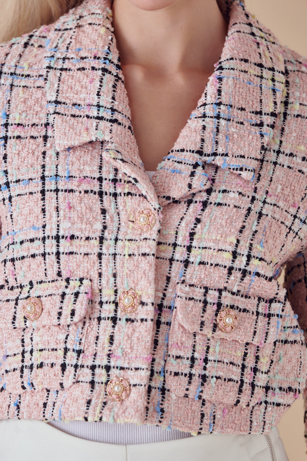 Chanel Pink Tweed Pocket Detail Button Front Jacket L Chanel