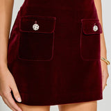 Velvet Jeweled Button Mini Skirt