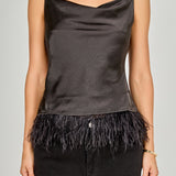 Satin Cowl Neck Top with Feather