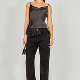 Satin Cowl Neck Top with Feather