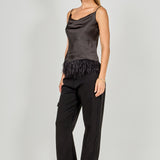 Satin Cowl Neck Top with Feather