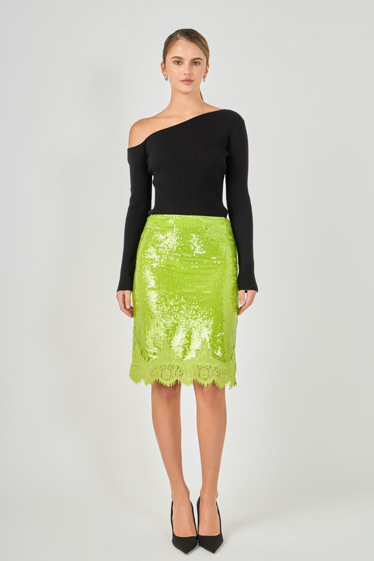 Sequins Lace Detail Midi Skirt