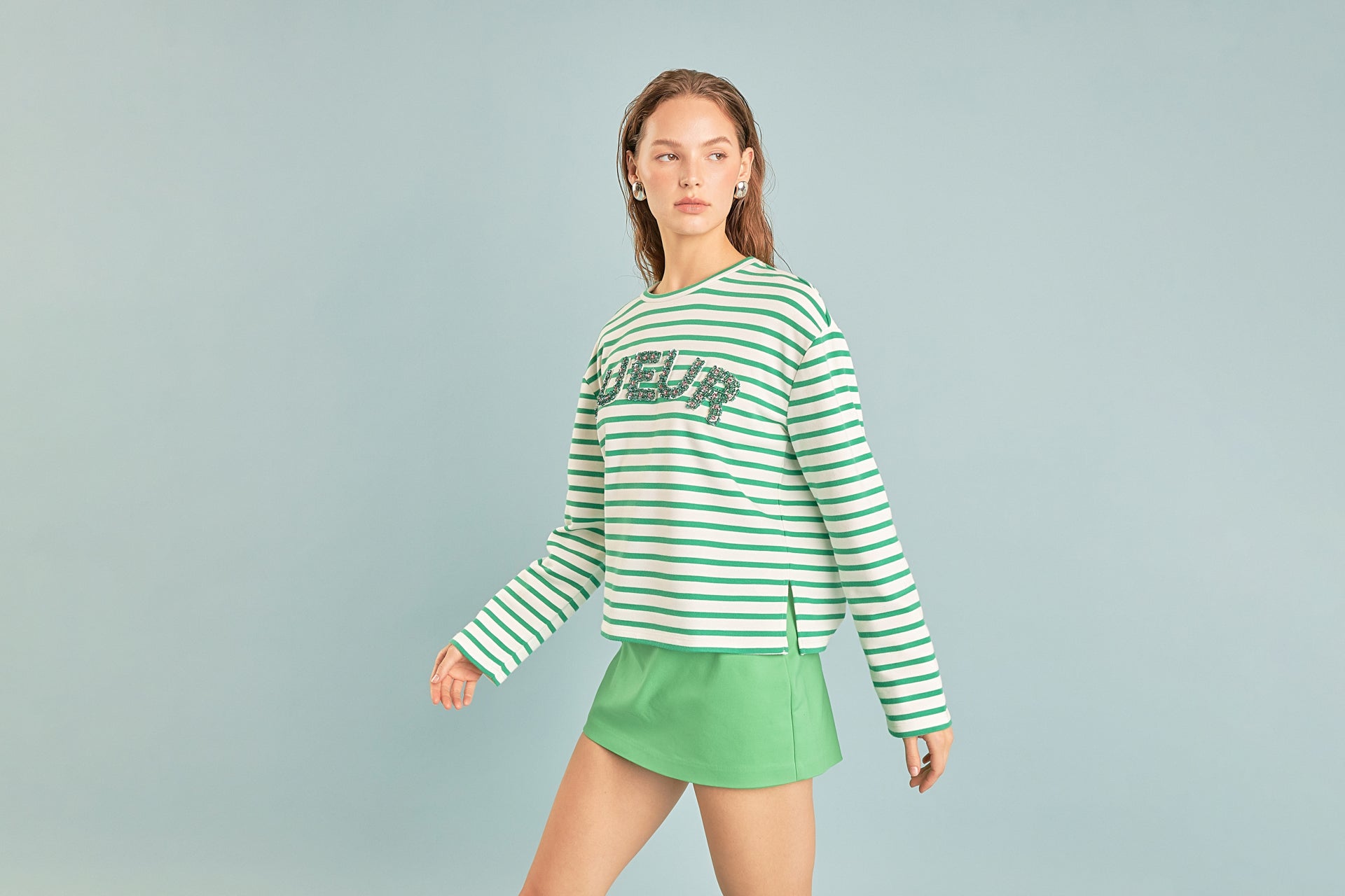 Shop the Green Lueur Embellished Striped Sweatshirt from Endless Rose