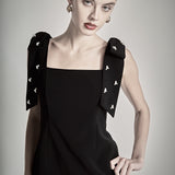 Mini Dress With Rhinestone & Pearl Embellished Bow