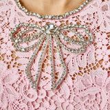 Rhinestone Bow Detailed Lace Sleeveless Midi Dress