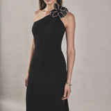 Flower Detail One Shoulder Knit Maxi Dress