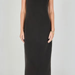 Close-up view of a black strapless maxi dress highlighting the straight strapless neckline, smooth bodice, and matching fabric choker collar.