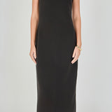 Close-up view of a black strapless maxi dress highlighting the straight strapless neckline, smooth bodice, and matching fabric choker collar.