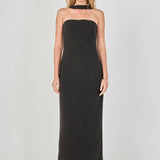 Full-length front view of a black strapless column maxi dress featuring a straight neckline, a matching fabric choker neckband, and a fitted column skirt.