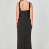 Back view of a black strapless column maxi dress showing the back choker neckband, low back cut, and long straight hemline.