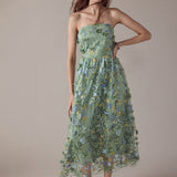 Strapless 3D Floral Embroidered Maxi Dress